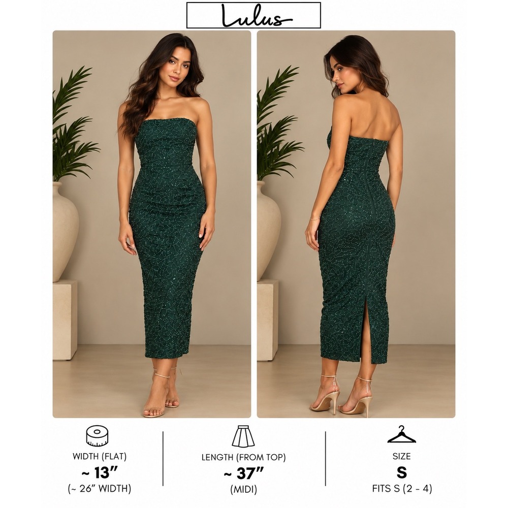 Lulus Green Beaded Sequin Strapless Midi Dress Size S Bodycon Formal Event